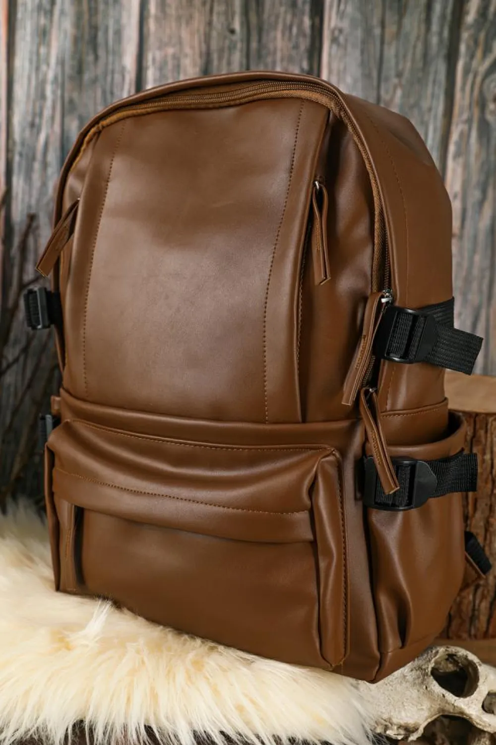 Discount Dear-Lover Faux Leather Zipped Large Capacity Backpack Chestnut