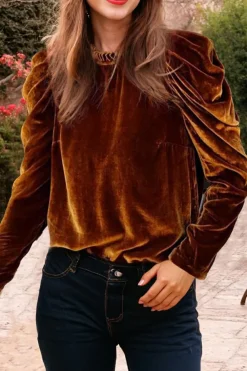 Fashion Dear-Lover Frilled Collar Puff Sleeve Velvet Top Chestnut