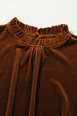 Fashion Dear-Lover Frilled Collar Puff Sleeve Velvet Top Chestnut
