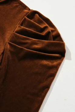 Fashion Dear-Lover Frilled Collar Puff Sleeve Velvet Top Chestnut