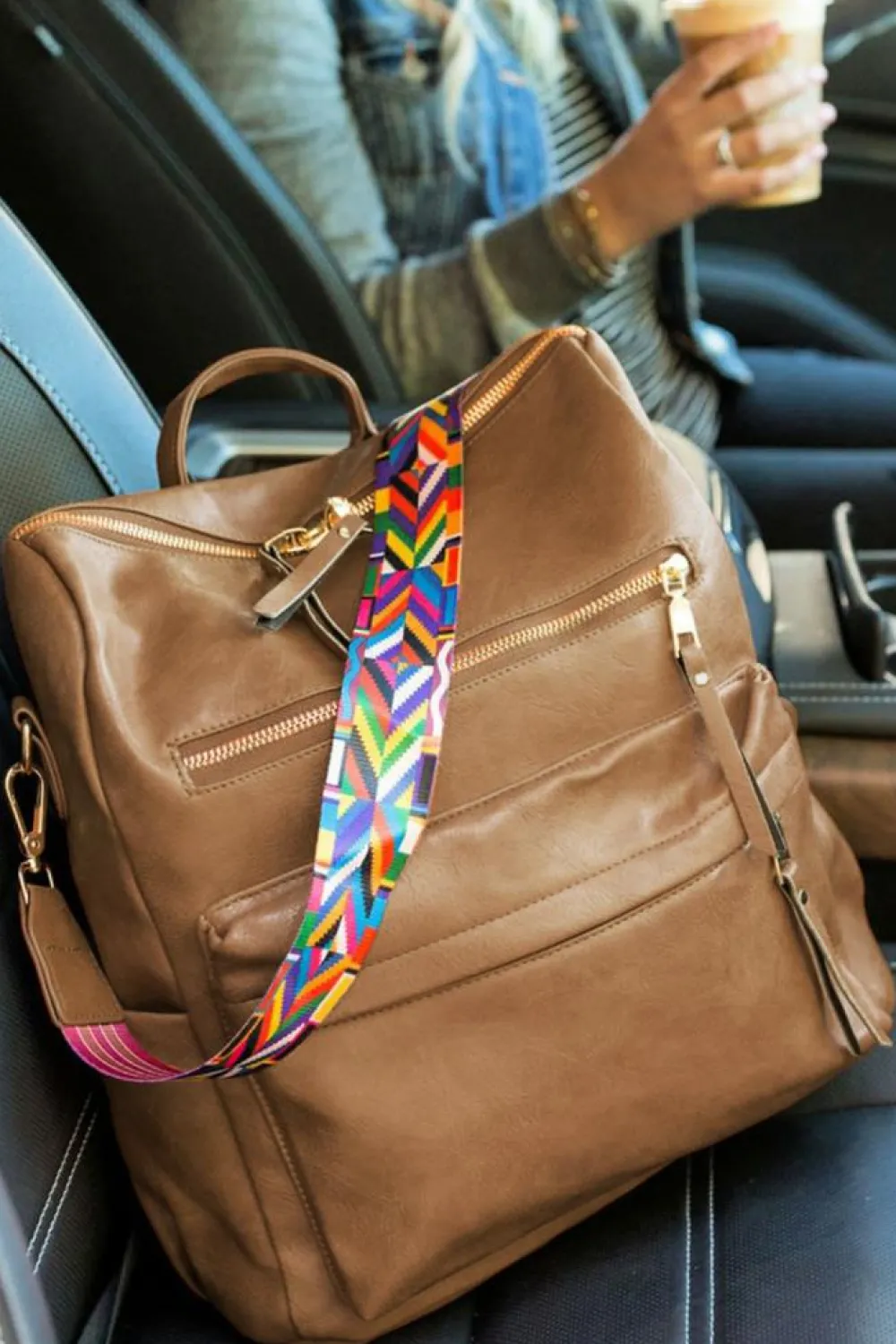 Hot Dear-Lover Geometric Crochet Strap PU Leather Large Backpack Chestnut