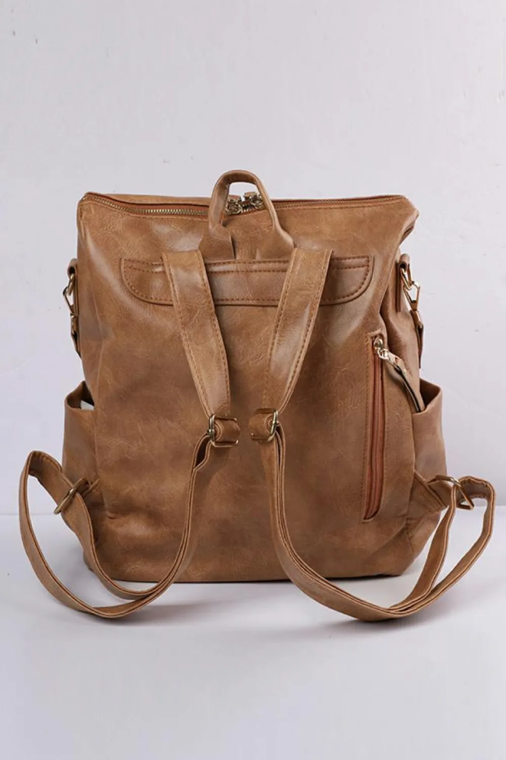 Hot Dear-Lover Geometric Crochet Strap PU Leather Large Backpack Chestnut