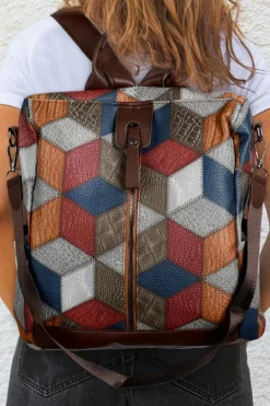 Clearance Dear-Lover Geometric Soft PU Leather Large Convertible Backpack Chestnut