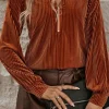 Clearance Dear-Lover Half Zip V Neck Ribbed Velvet Top Chestnut