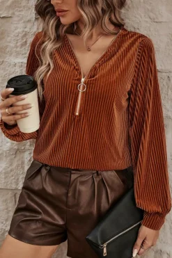 Clearance Dear-Lover Half Zip V Neck Ribbed Velvet Top Chestnut