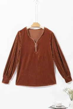 Clearance Dear-Lover Half Zip V Neck Ribbed Velvet Top Chestnut