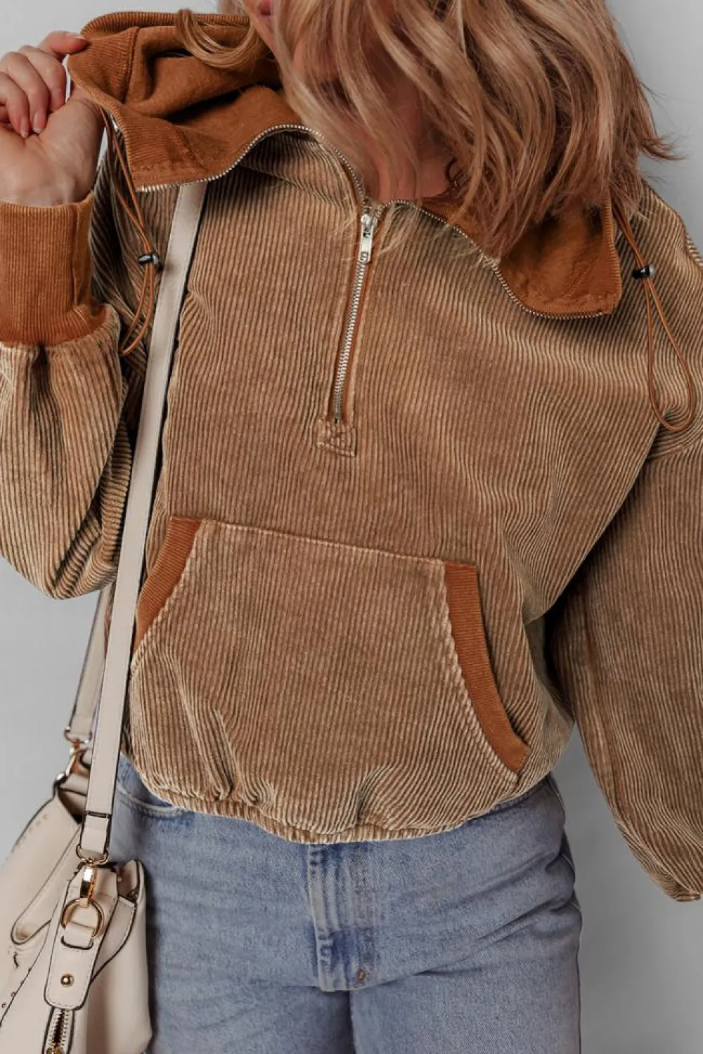 Online Dear-Lover Half Zipper Kangaroo Pocket Drawstring Corduroy Hoodie Chestnut