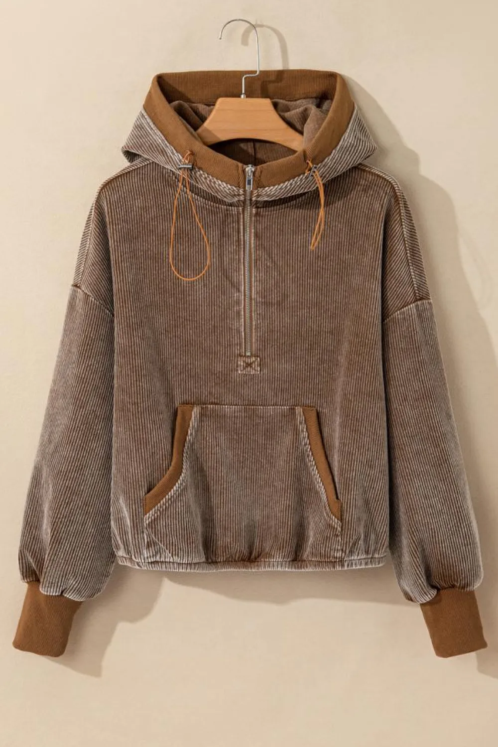 Online Dear-Lover Half Zipper Kangaroo Pocket Drawstring Corduroy Hoodie Chestnut
