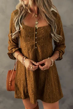 Outlet Dear-Lover Lace Crochet Buttoned Square Neck Shift Mini Dress Chestnut