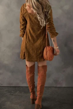 Outlet Dear-Lover Lace Crochet Buttoned Square Neck Shift Mini Dress Chestnut