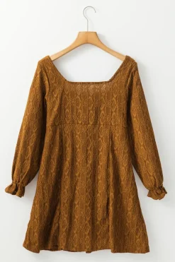 Outlet Dear-Lover Lace Crochet Buttoned Square Neck Shift Mini Dress Chestnut