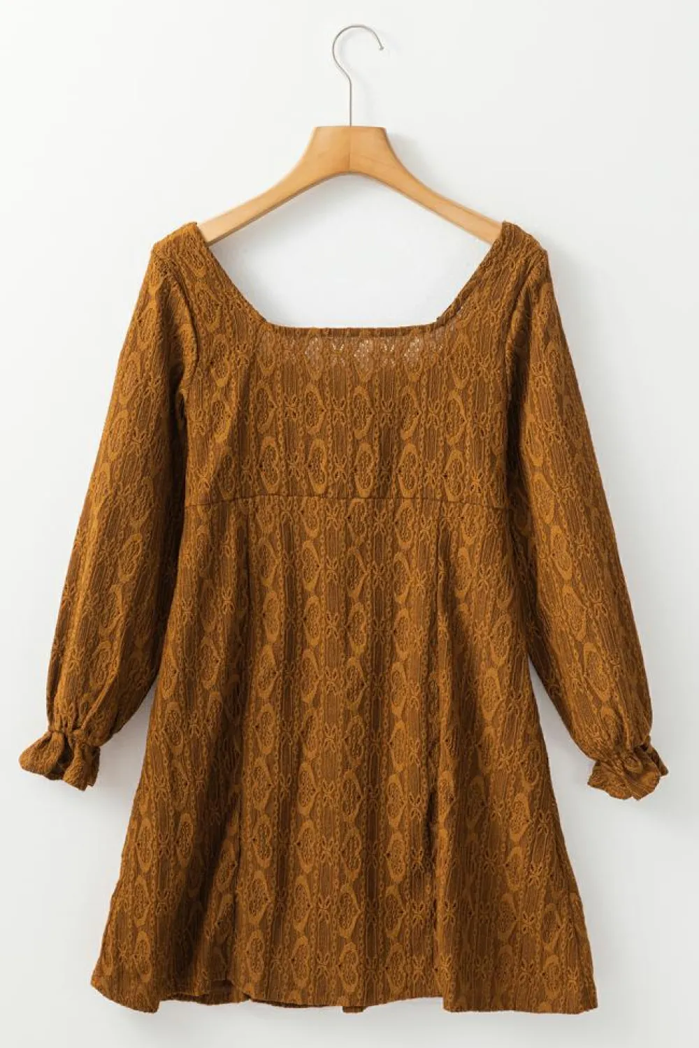 Outlet Dear-Lover Lace Crochet Buttoned Square Neck Shift Mini Dress Chestnut