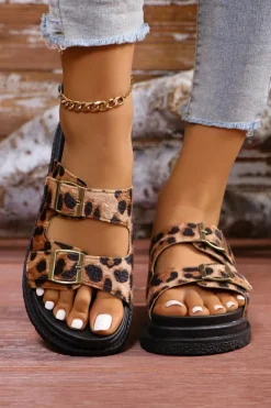 Hot Dear-Lover Leopard Cut Out Buckle Strap Thick Sole Slippers Chestnut