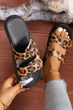 Hot Dear-Lover Leopard Cut Out Buckle Strap Thick Sole Slippers Chestnut