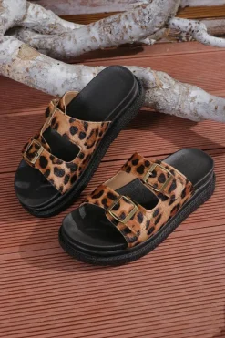 Hot Dear-Lover Leopard Cut Out Buckle Strap Thick Sole Slippers Chestnut