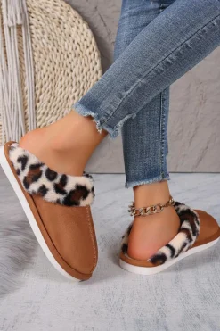 Hot Dear-Lover Leopard Patched Plush Lined Thick Home Slippers Chestnut