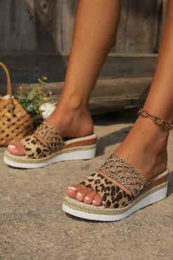 Hot Dear-Lover Leopard Print Braided Details Wedge Slippers Chestnut