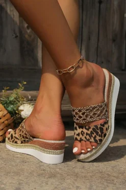 Hot Dear-Lover Leopard Print Braided Details Wedge Slippers Chestnut