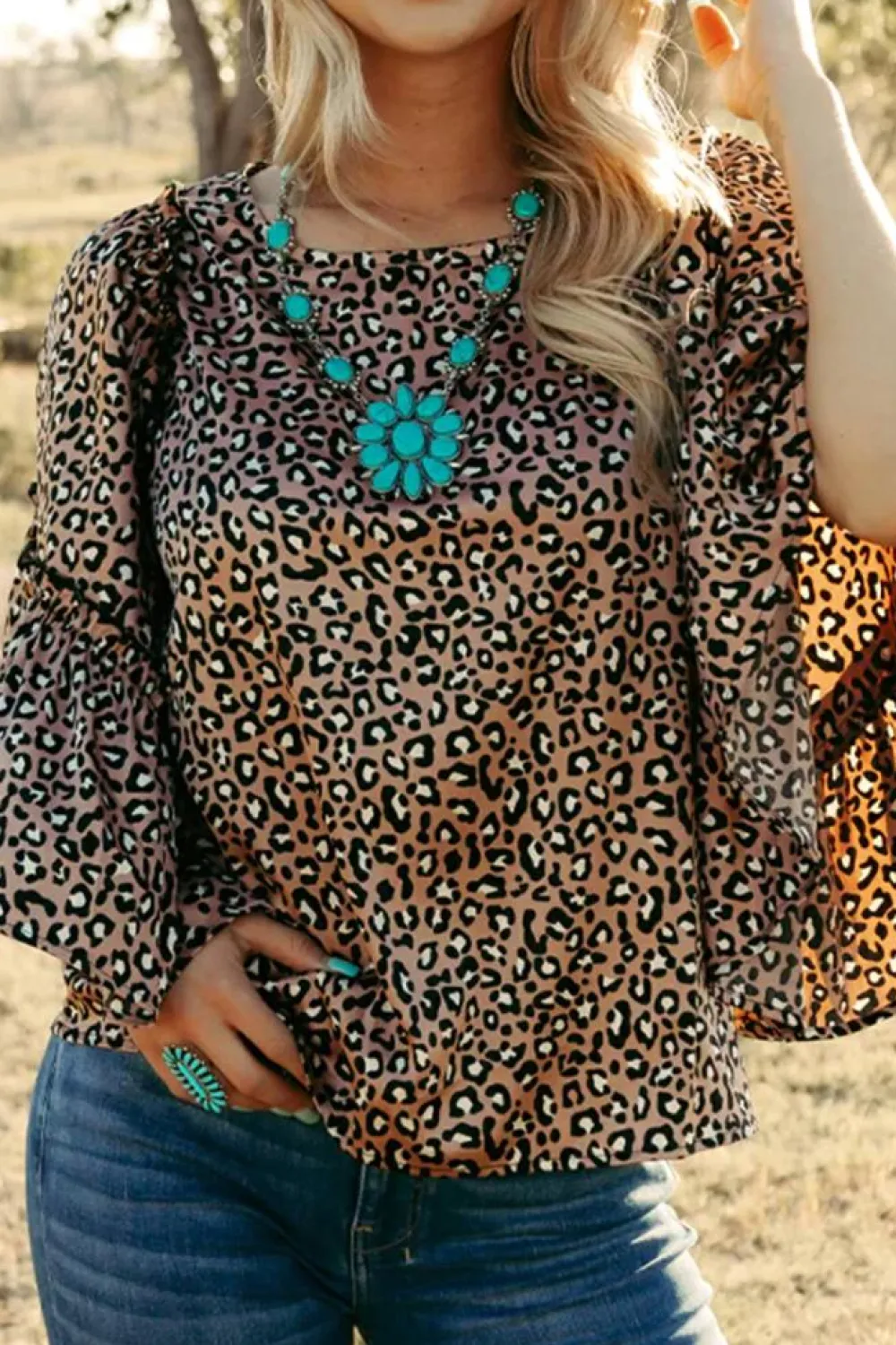 Best Dear-Lover Leopard Print Ruffle Wide Sleeve Blouse Chestnut