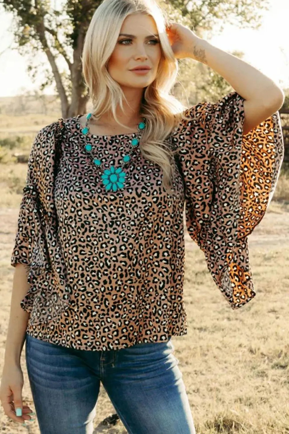 Best Dear-Lover Leopard Print Ruffle Wide Sleeve Blouse Chestnut