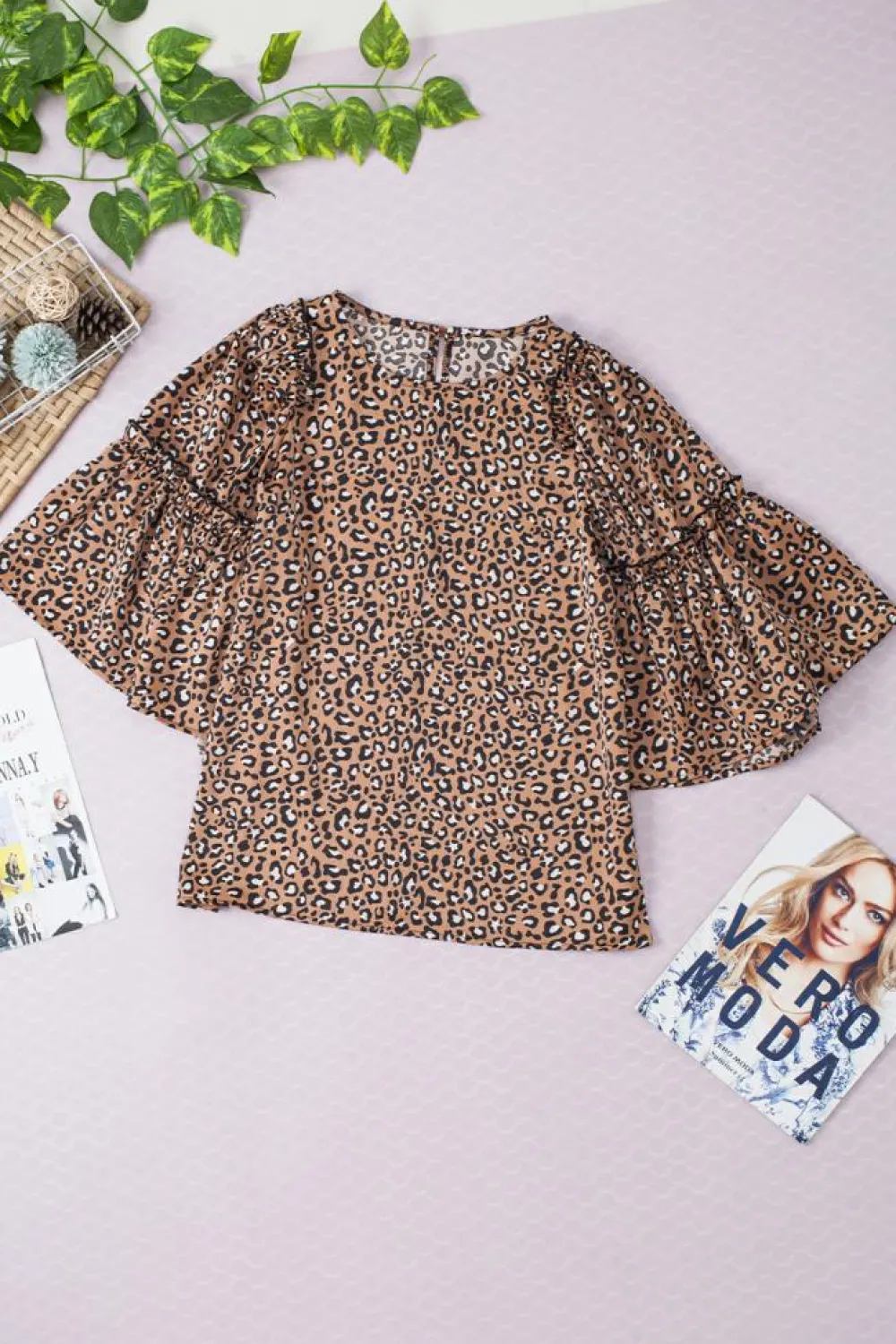 Best Dear-Lover Leopard Print Ruffle Wide Sleeve Blouse Chestnut