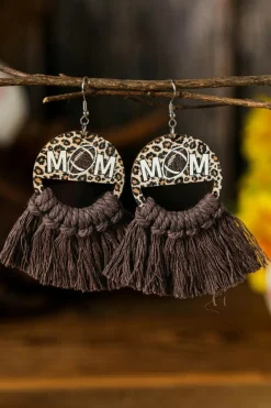 Sale Dear-Lover Leopard Rugby Football MOM Print Fringed Hook Earrings Chestnut