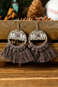 Sale Dear-Lover Leopard Rugby Football MOM Print Fringed Hook Earrings Chestnut