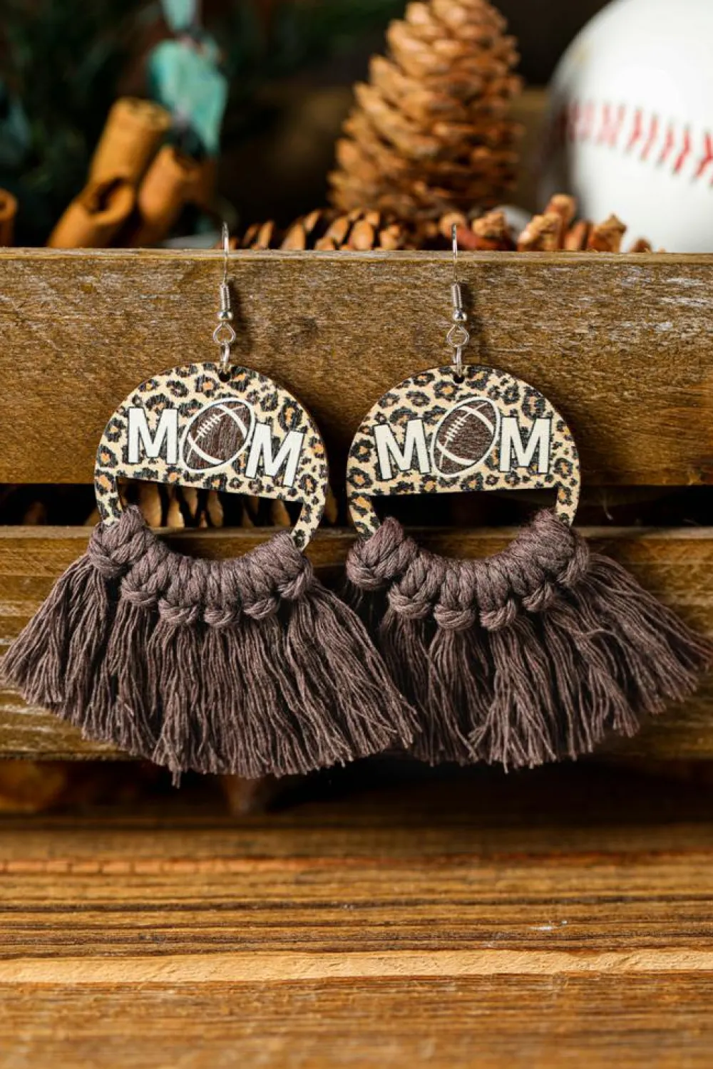 Sale Dear-Lover Leopard Rugby Football MOM Print Fringed Hook Earrings Chestnut