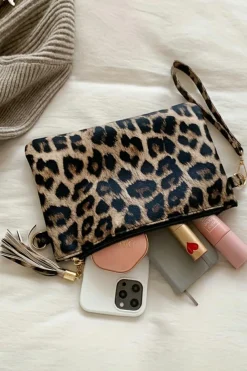 New Dear-Lover Leopard/Cow Print Wrist Strap Zipped Wallet Chestnut