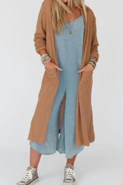Discount Dear-Lover Long Waffle Knit Cardigan with Pockets Chestnut