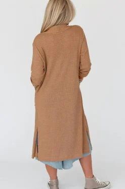 Discount Dear-Lover Long Waffle Knit Cardigan with Pockets Chestnut