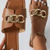 Clearance Dear-Lover Metal Chain Decor Square Toe Faux Leather Slippers Chestnut