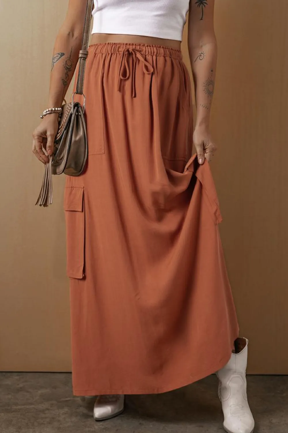 Best Dear-Lover Mineral Wash Cargo Pocket Drawstring Waist Maxi Skirt Chestnut