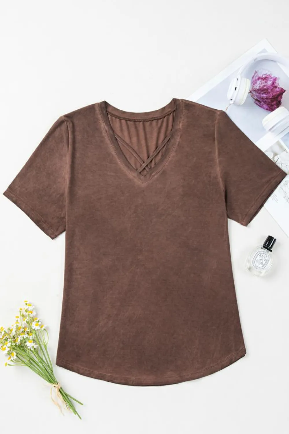 Fashion Dear-Lover Mineral Wash Criss Cross V Neck Casual T Shirt Chestnut