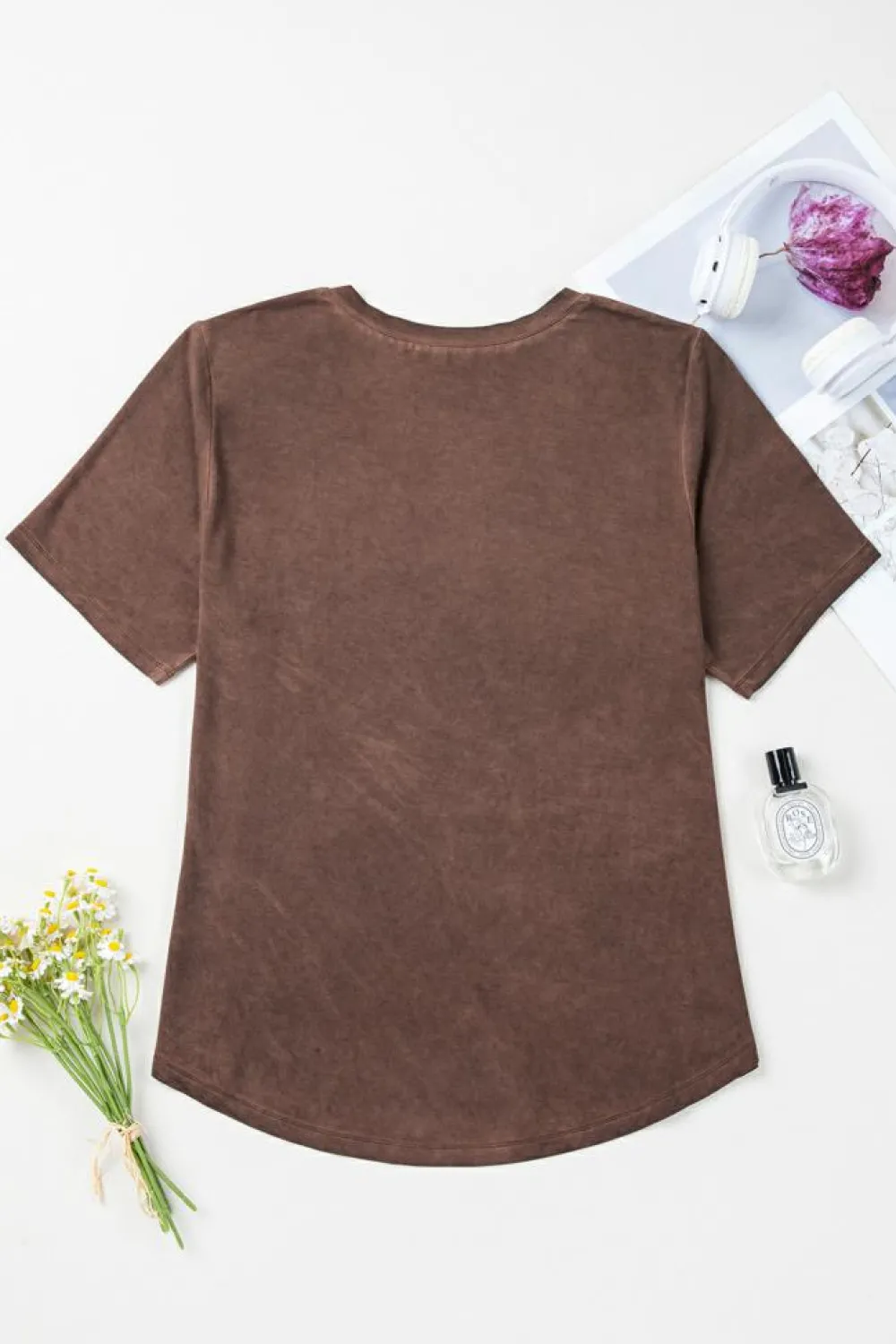 Fashion Dear-Lover Mineral Wash Criss Cross V Neck Casual T Shirt Chestnut