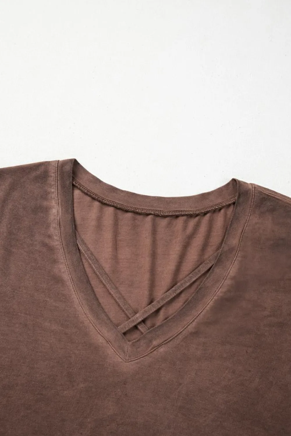 Fashion Dear-Lover Mineral Wash Criss Cross V Neck Casual T Shirt Chestnut