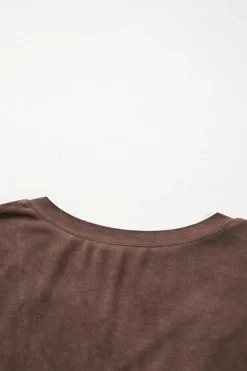 Fashion Dear-Lover Mineral Wash Criss Cross V Neck Casual T Shirt Chestnut