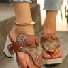 New Dear-Lover Pattern Patched PU Leather Rivet Woven Wedge Slippers Chestnut