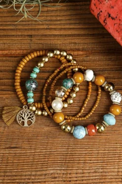 Hot Dear-Lover 5pcs Boho Beaded Turquoise Bracelets Set Chestnut