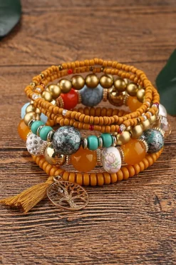 Hot Dear-Lover 5pcs Boho Beaded Turquoise Bracelets Set Chestnut