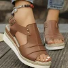 Discount Dear-Lover Pleated Leather Cut Out Wedge Sandals Chestnut