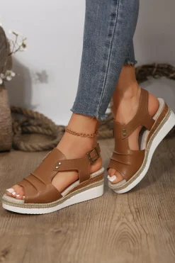 Discount Dear-Lover Pleated Leather Cut Out Wedge Sandals Chestnut