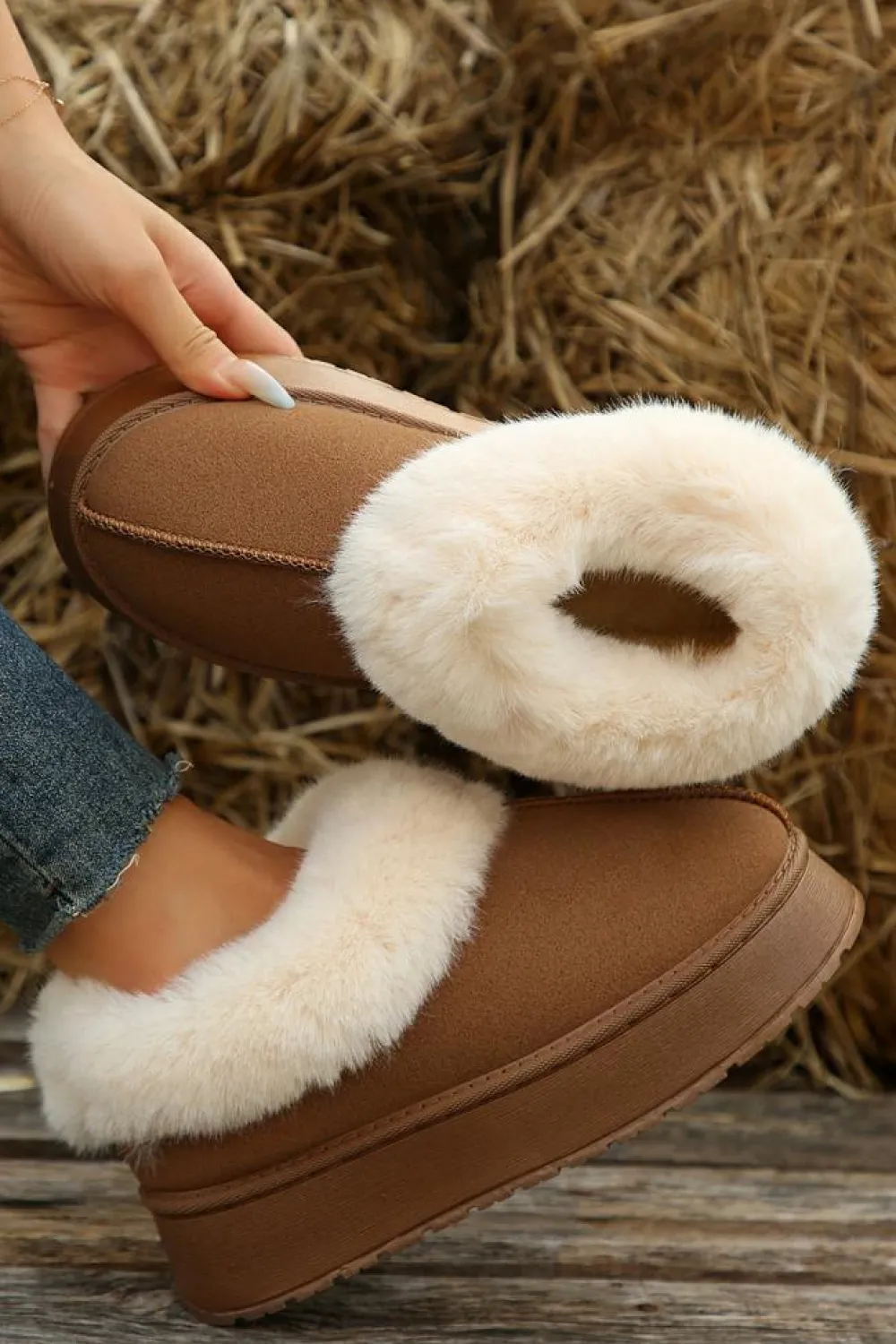 New Dear-Lover Plush Suede Trim Thick Sole Flat Snow Boots Chestnut