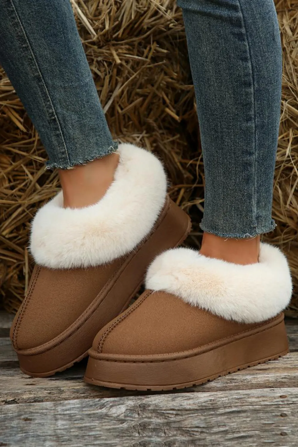 New Dear-Lover Plush Suede Trim Thick Sole Flat Snow Boots Chestnut