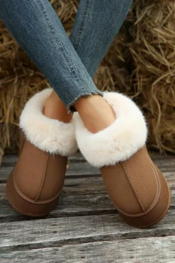 New Dear-Lover Plush Suede Trim Thick Sole Flat Snow Boots Chestnut