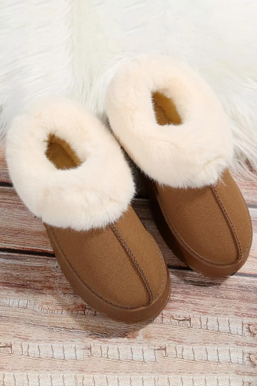 New Dear-Lover Plush Suede Trim Thick Sole Flat Snow Boots Chestnut