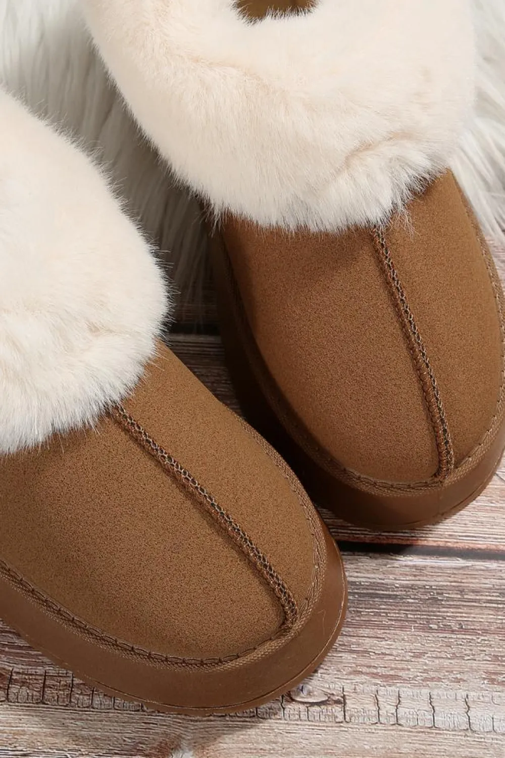 New Dear-Lover Plush Suede Trim Thick Sole Flat Snow Boots Chestnut
