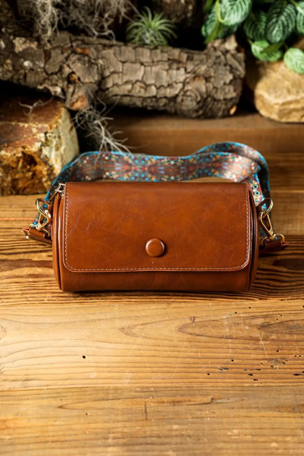 Best Dear-Lover PU Leather Flap Shoulder Bag with Retro Print Wide Strap Chestnut