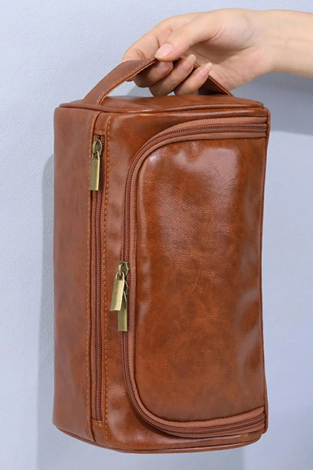 Discount Dear-Lover PU Leather Multifunctional Handle Large Makeup Bag Chestnut