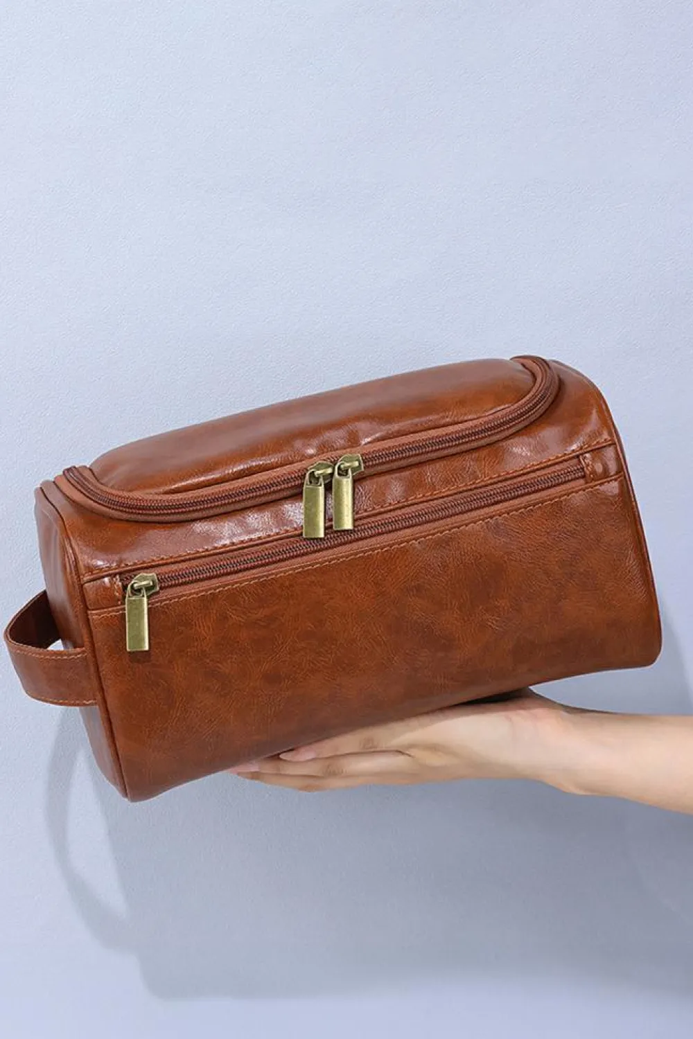 Discount Dear-Lover PU Leather Multifunctional Handle Large Makeup Bag Chestnut